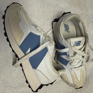New Balance White and Blue 327 Sneakers
